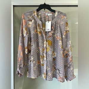 Dr2 by Daniel Rainn Floral Clip Dot split neck button down long sleeve blouse